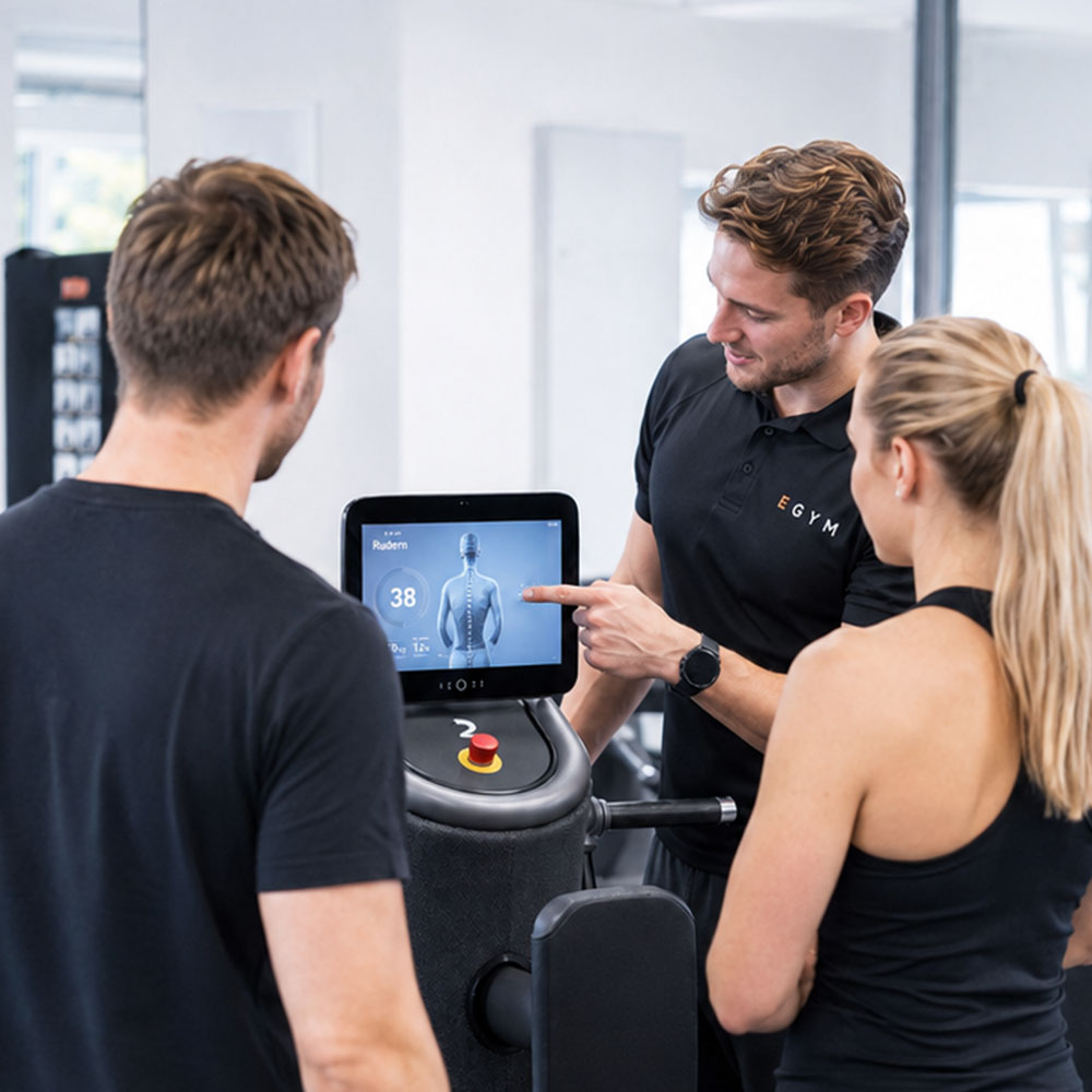 Trainer erklärt zwei Mitgliedern das EGYM-Display bei der Geräteeinweisung im Fitnessstudio in Weißwasser